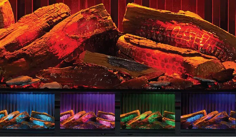 DaVinci GreenSmart Electric Fireplace™ | Ultra-Realistic Holographic Flames and Luxury Technology 6 DaVinci GreenSmart lighting colors and detailed logs