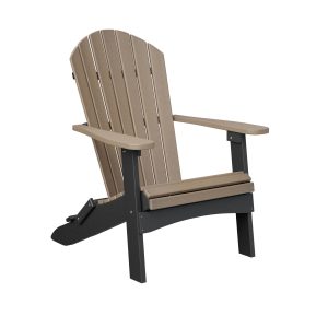 Brown wooden Adirondack chair with wide armrests, shown in a partial close-up against a white background